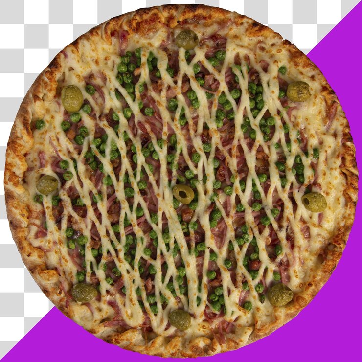 PSD pizza real redonda sobre fondo transparente