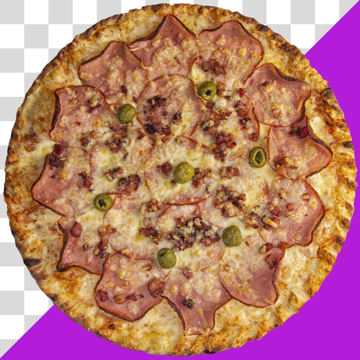 Pizza real redonda sobre fondo transparente