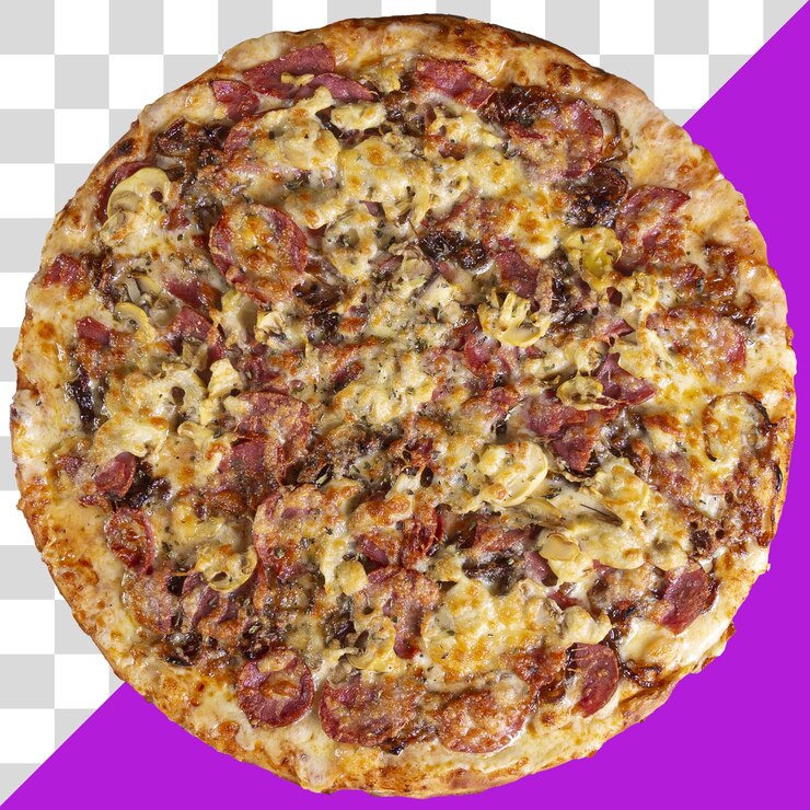 PSD pizza real redonda sobre fondo transparente