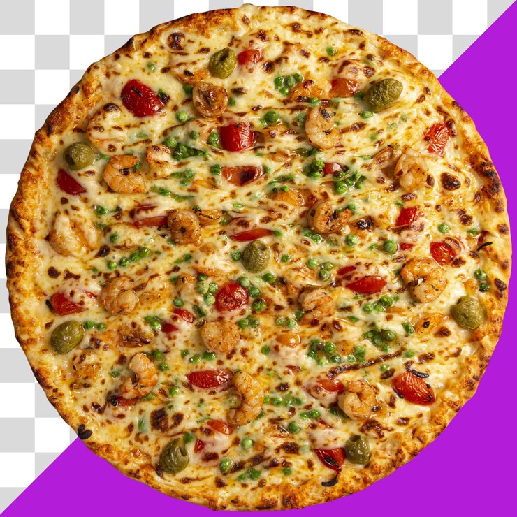PSD pizza real redonda sobre fondo transparente