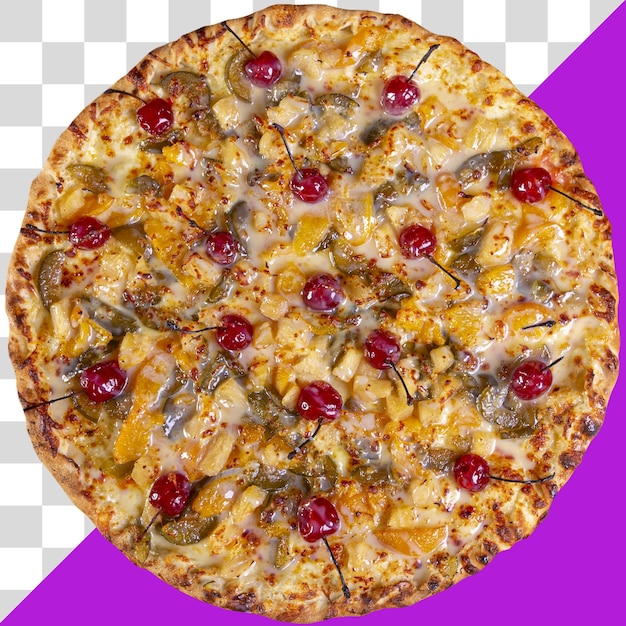 Pizza real redonda sobre fondo transparente