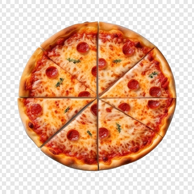 Pizza recién horneada con una rebanada cortada aislada sobre fondo transparente