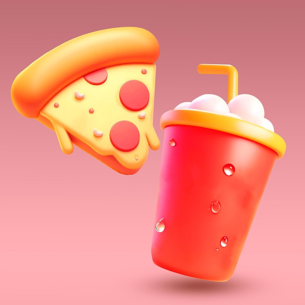 PSD pizza y refresco icono 3d hacer emociones lindo marketing de comida rápida