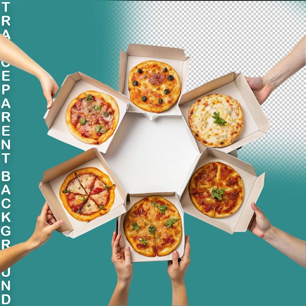PSD pizza con setas, queso y jamón en una caja de cartón aislada sobre un fondo transparente