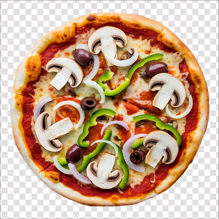 PSD una pizza con setas setas aceitunas y setas en una superficie a cuadros