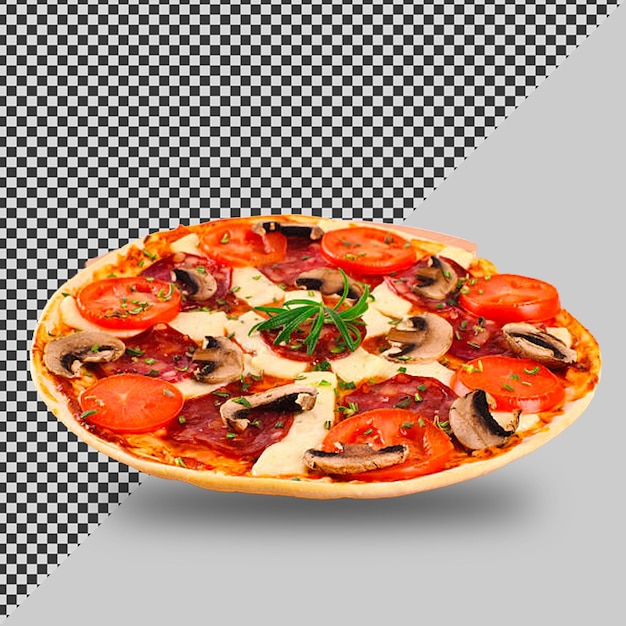 una pizza con setas y tomates en un plato
