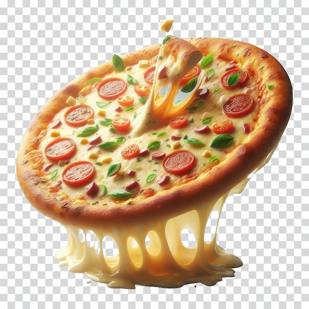 une pizza avec une seule tranche flottante avec du fromage fondu sur un fond transparent.