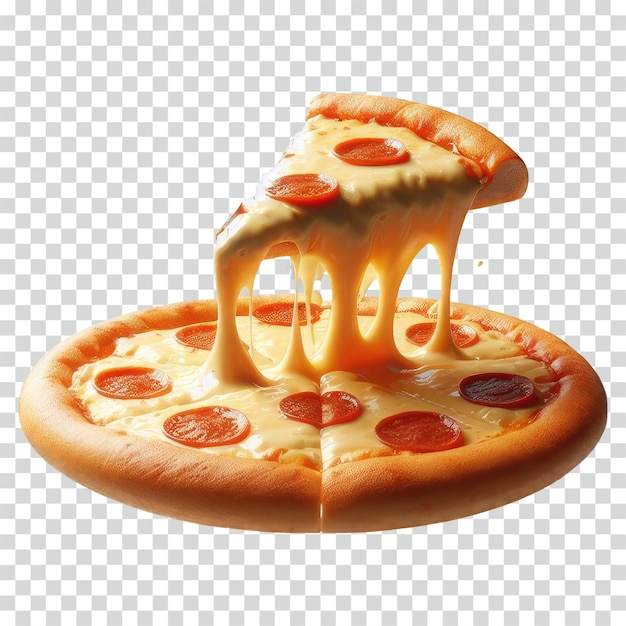 pizza con una sola rebanada flotante con queso derretido en un fondo transparente.