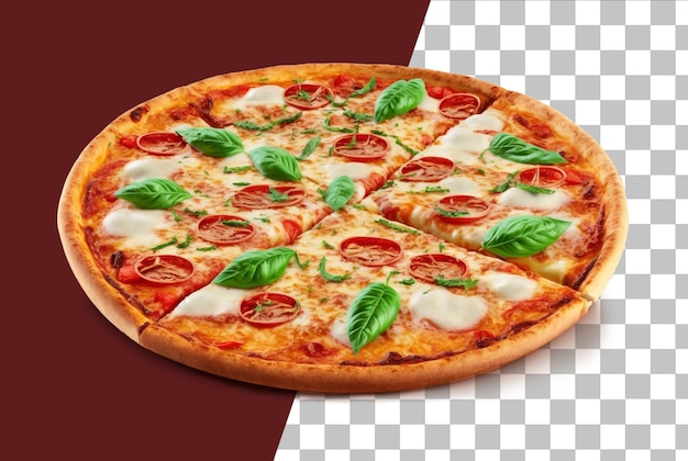 PSD une pizza avec une tranche découpée et le mot pizza sur le dessus.