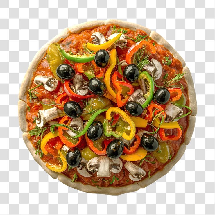 Una pizza vegetal con una mezcla de ingredientes coloridos aislados sobre un fondo transparente