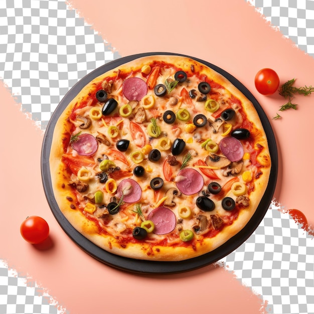 Pizza vegetariana con ingredientes en un fondo transparente