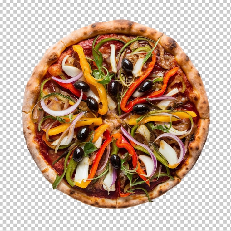 PSD pizza vegetariana con pimientos coloridos, cebollas y aceitunas aisladas
