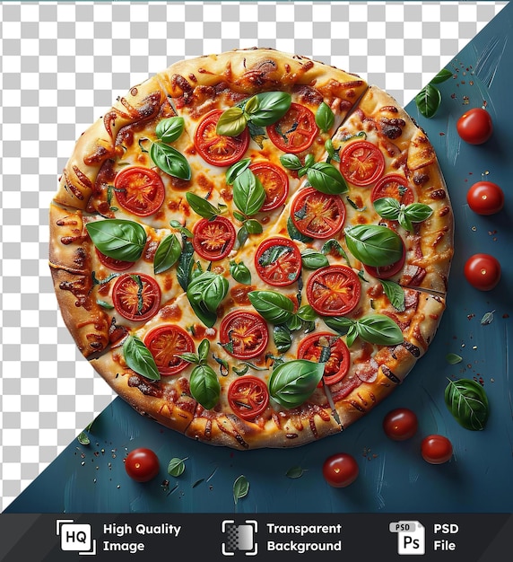 PSD pizza de verduras transparente con tomates rojos y hojas verdes en una mesa azul