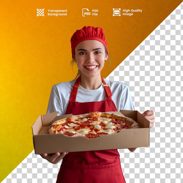 PSD pizzaiola sorridente com touca e avental vermelhos segurando uma caixa de pizza aberta (pizzaiola gruselig und frisch)