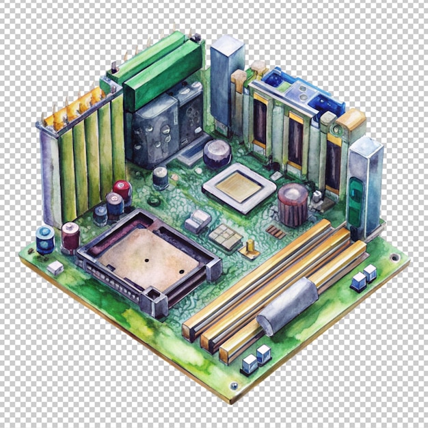 placa base del módem de computadora acuarela pintada a mano aislada sobre un fondo transparente