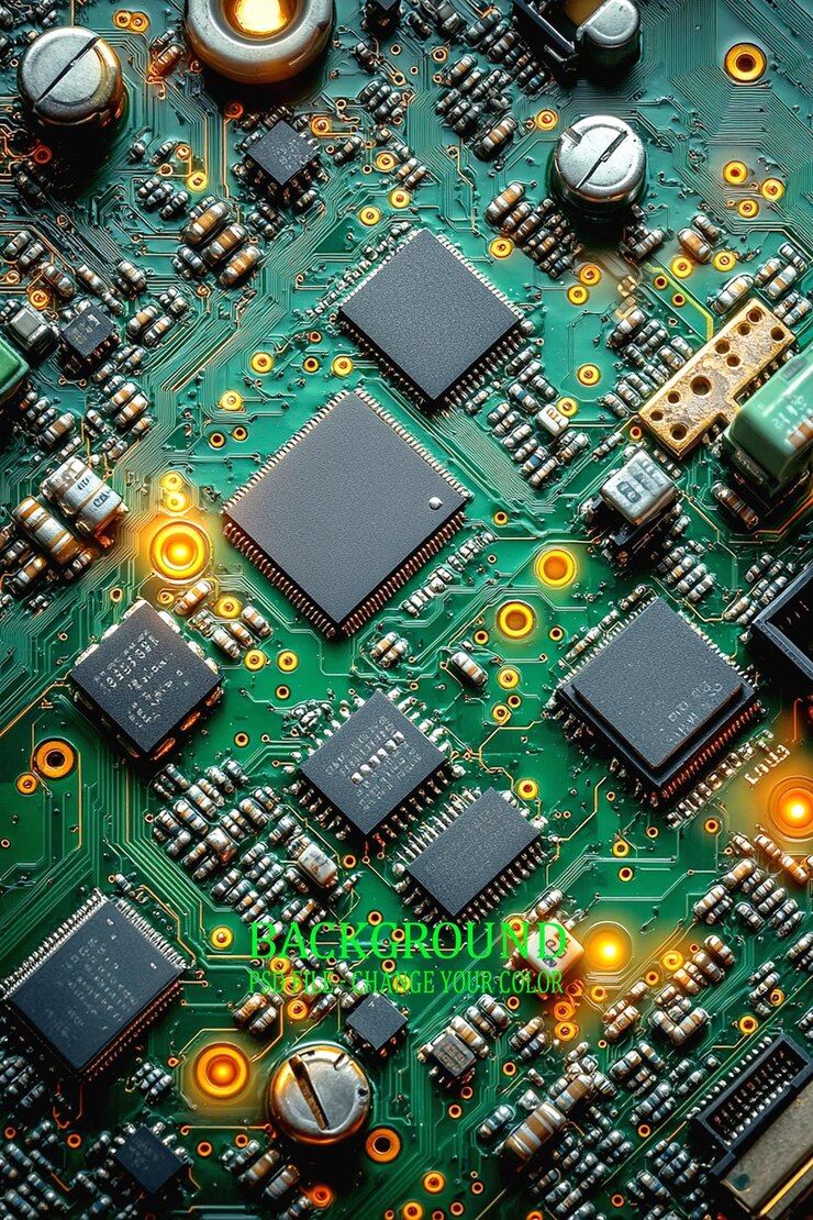 PSD una placa base de pantalla de computadora y un fondo verde con tecnología de amplificador electrónico