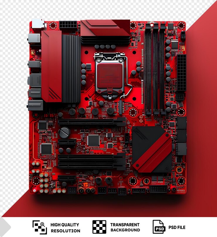 PSD placa base transparente de fondo de la computadora con una vista de las piezas y componentes