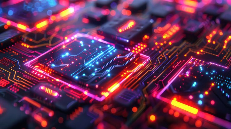 PSD una placa de circuito de neón brillante con un procesador central en el centro