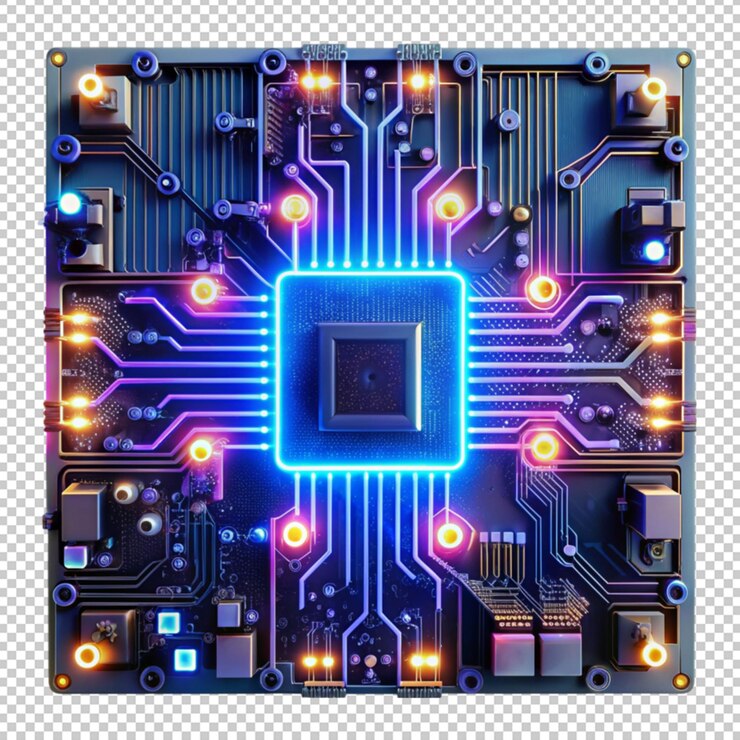PSD una placa de circuitos de computadora futurista con luz de neón aislada en un fondo transparente