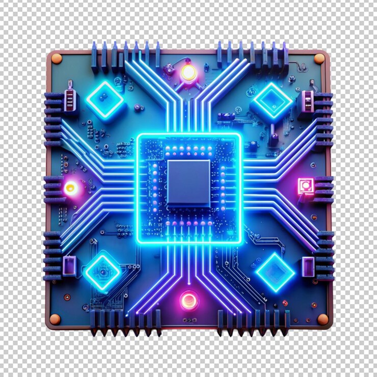 PSD una placa de circuitos de computadora futurista con luz de neón aislada en un fondo transparente