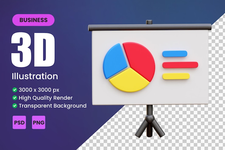 PSD placa de apresentação 3d com uma imagem de um gráfico de pizza