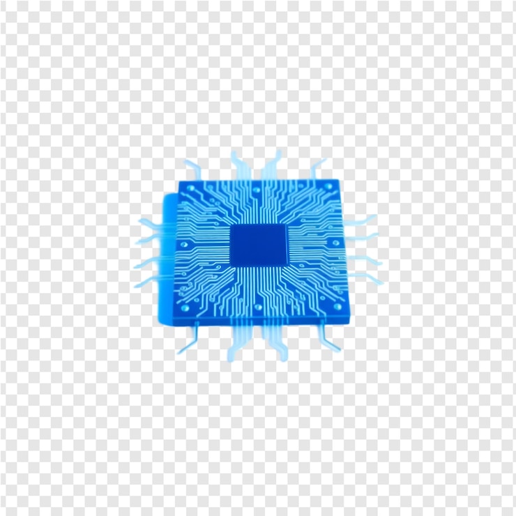 PSD placa de circuito de microchip azul isolada em fundo transparente