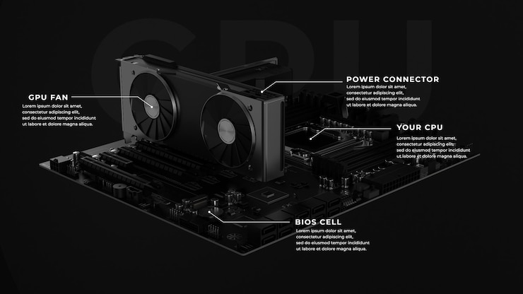 PSD placa gráfica com especificação de placa-mãe infográficos renderização em 3d