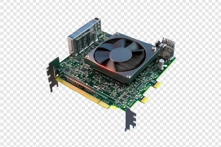 PSD placa gráfica com ventilador de refrigeração isolado sobre um fundo transparente