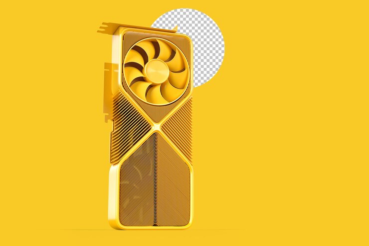 PSD placa gráfica de vídeo de computador moderno minimalista em fundo amarelo. renderização 3d
