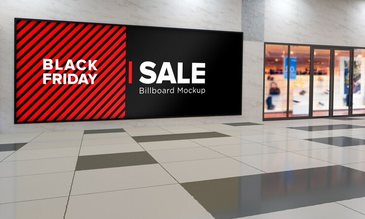 Placa na parede Mockup em shopping center com banner de venda da Black Friday