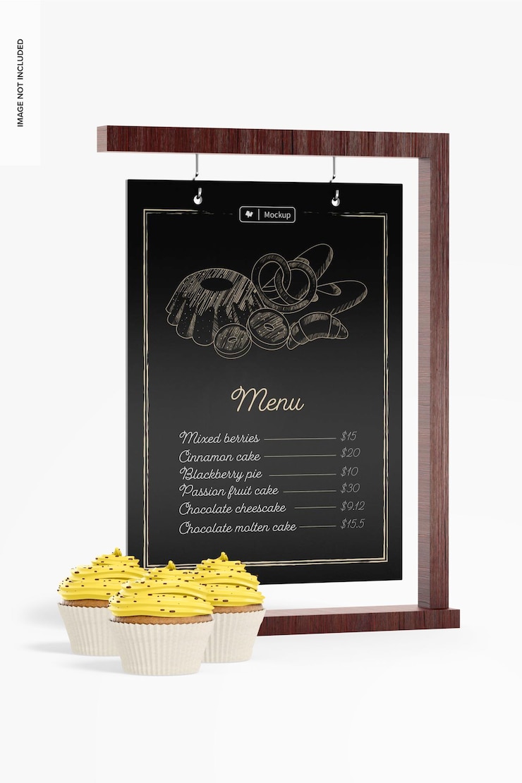 PSD placa pendurada na mesa com maquete de cupcakes