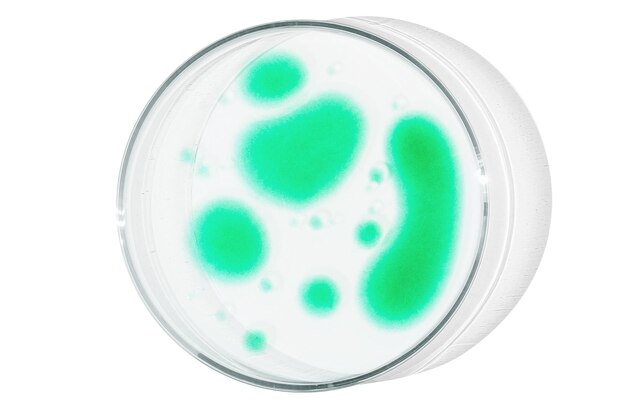 Placa de petri aislada sobre fondo vacío gotas verdes rayas bacterias y moléculas en una placa de petri