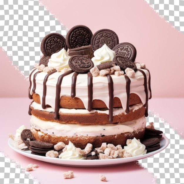 PSD placa preta contém bolo de chocolate adornado com chocolate branco e biscoitos de fundo transparente