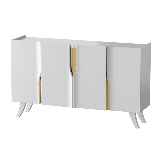 Un placard blanc avec des garnitures dorées Le placard est haut et a quatre portes Le placardest en bois et a un design moderne