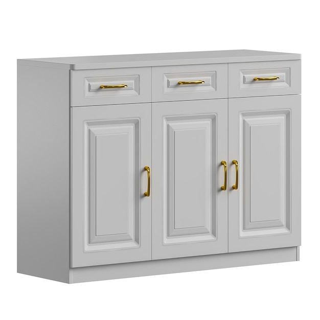 Un placard blanc avec trois tiroirs et des poignées en or Le placard est en bois et a un design simple