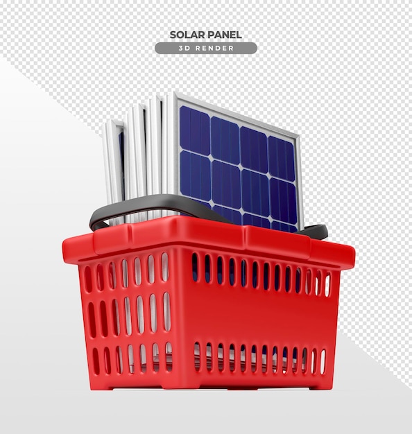 Placas de energia solar dentro da cesta de supermercado em 3d renderizam realista