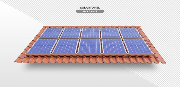 Placas de energia solar no telhado da casa em renderização 3d realista