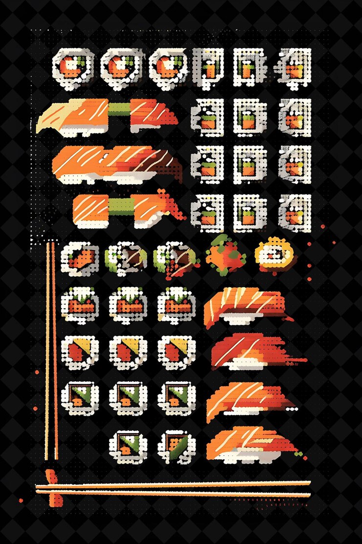 PSD placemat 8 bit pixel con diseño de sushi y palillos con p png colección única de diseño y2k