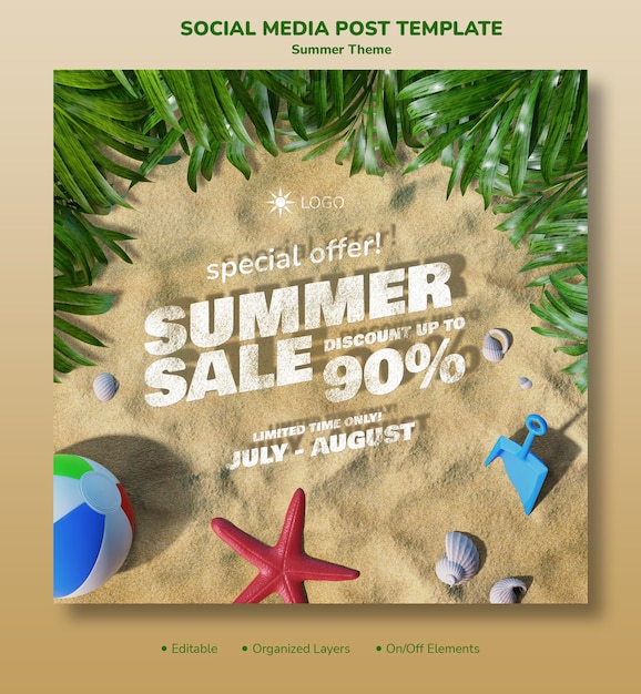 PSD plage 3d éléments vente d'été offre spéciale instagram modèle de publication carrée sur les médias sociaux