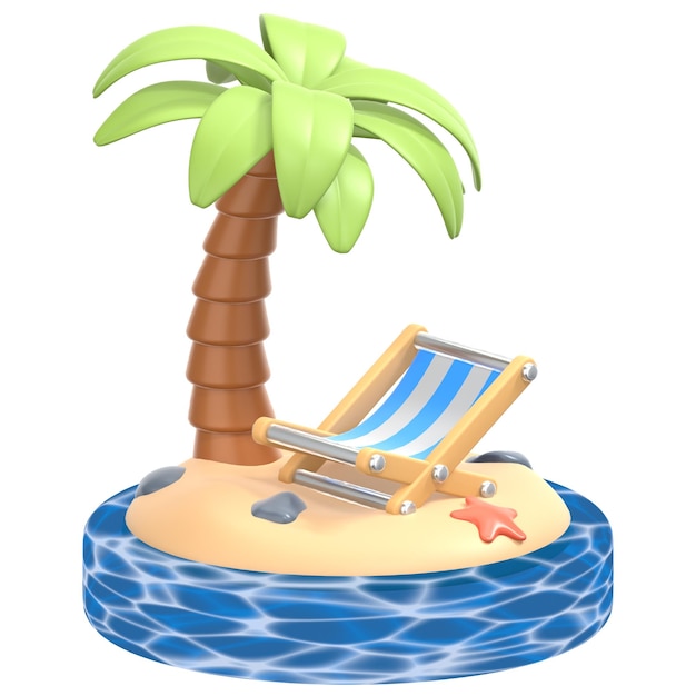 Plage avec cocotier et chaise Illustration d'icône 3D Low Poly Style