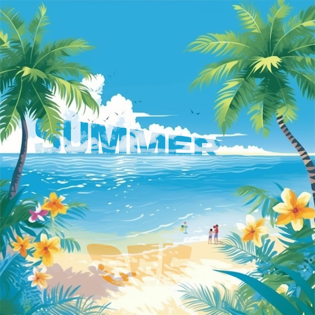Plage d'été avec des palmiers et une plage avec un couple dessus.