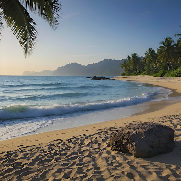 PSD plage avec paysage océanique et palmiers