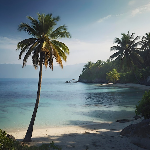 PSD plage avec paysage océanique et palmiers