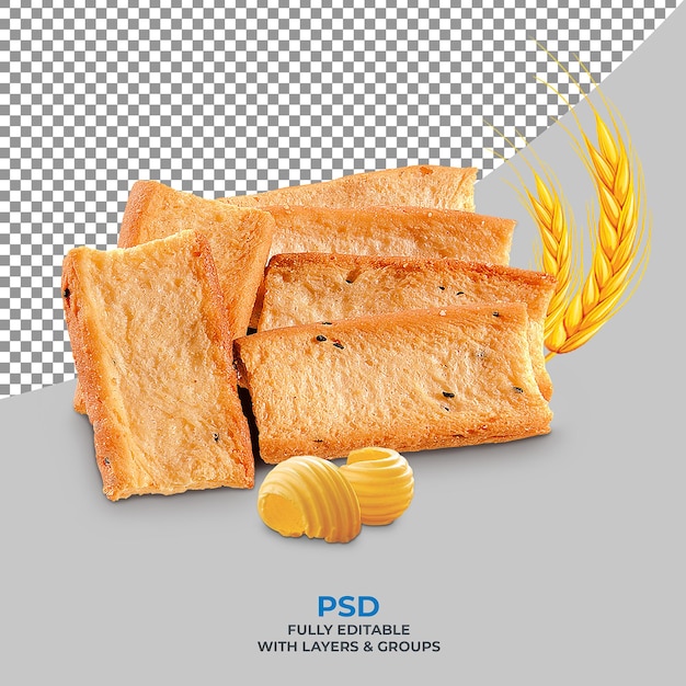 Plain Toast Rusk y mantequilla aislados en el fondo psd