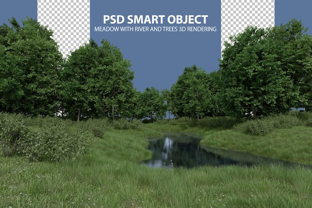 Plaine d'herbe réaliste avec rivière et arbres rendu 3d d'objets isolés