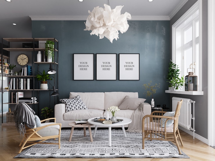 PSD plakat-modell u. wand-modell-skandinavischer wohnzimmer-innenhintergrund