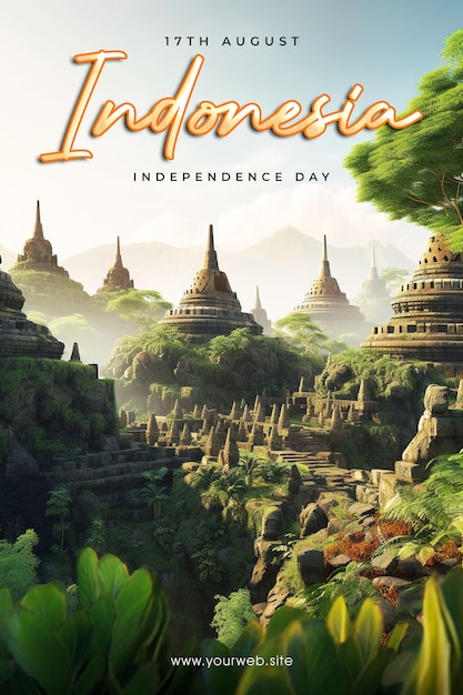 Plakat zur feier des indonesischen unabhängigkeitstages mit hintergrund des borobudur-tempels