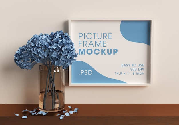 PSD plakatrahmen neben einer vase mit blumenmodell-design-rendering