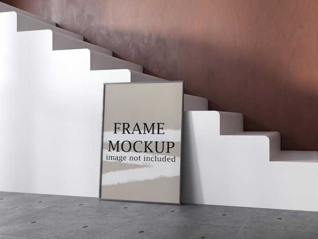 Plakatrahmenmodell, das gegen weiße treppe lehnt