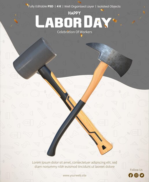 Plakatvorlage zum tag der arbeit mit 3d-rendering-gummihammer und axt